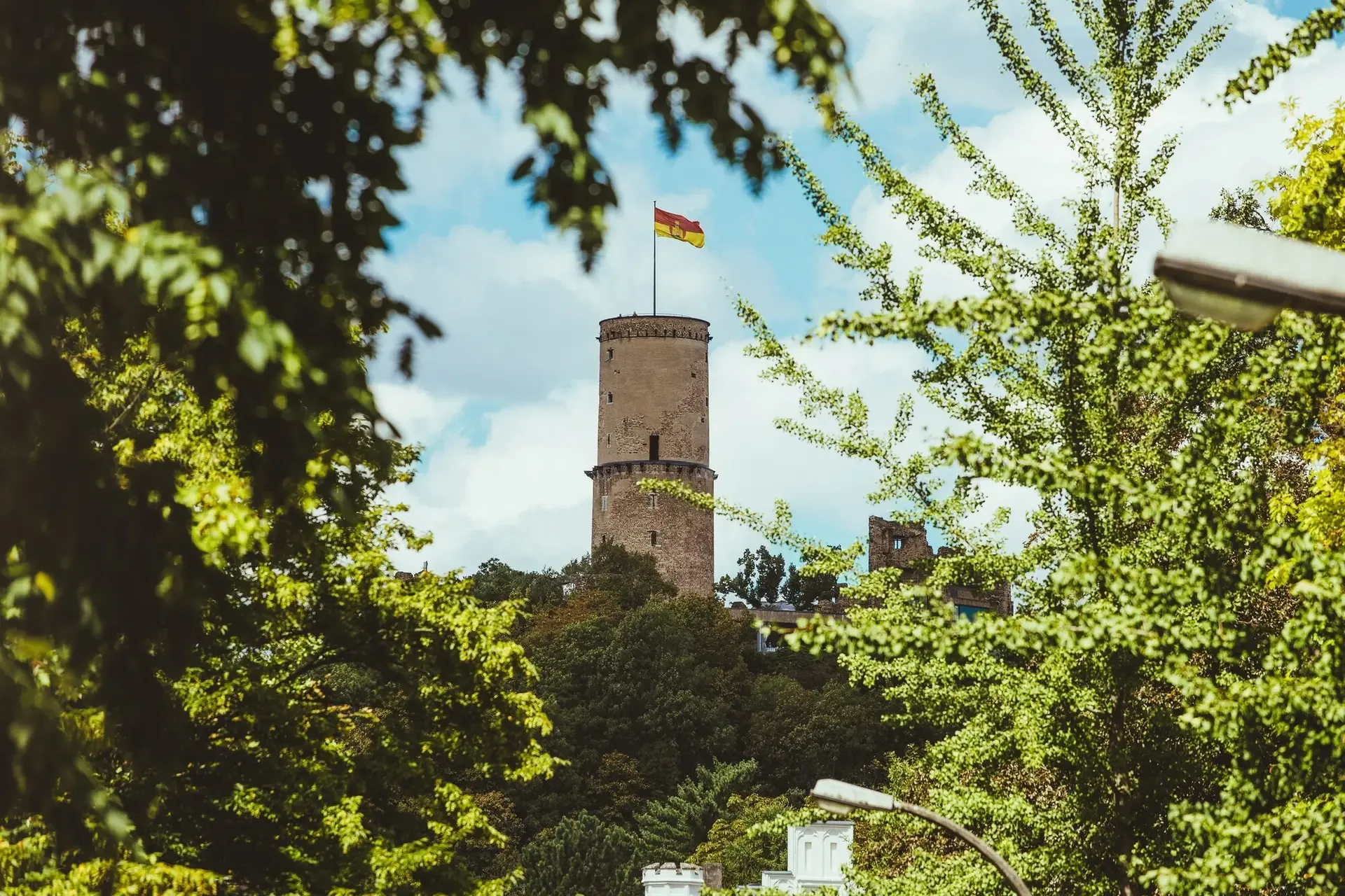Blick auf die Godesburg durch grüne Bäume.